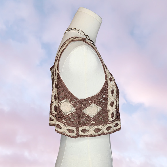 Sugar Brown Cream Crochet Boho Hippie Fairy Whimsi Geometric Knit Crop Tank Top - Picture 2 of 4